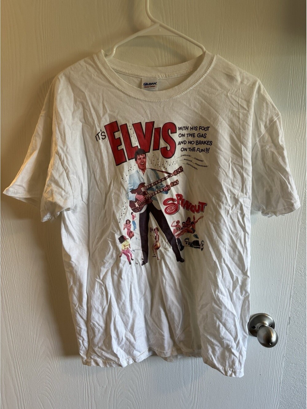 Elvis Presley Spinout Movie T Shirt Gildan White Size L Double Neck Guitar